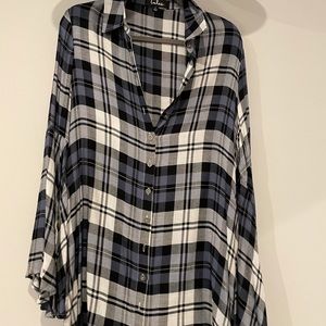 White and Navy Blue Plaid Shirt Dress